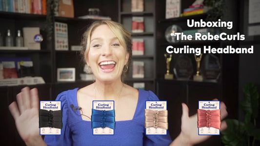 Emily Kenison showing four curling headbands with the text "Unboxing The RobeCurls Curling Headband"